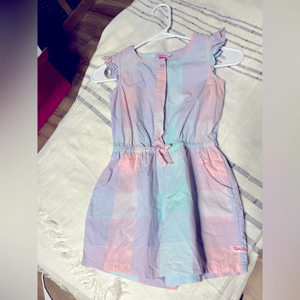 Cotton Candy Plaid Tie Waist Romper by Ruffle Butts, 6Y